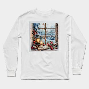 fantasy winter starry night window Long Sleeve T-Shirt